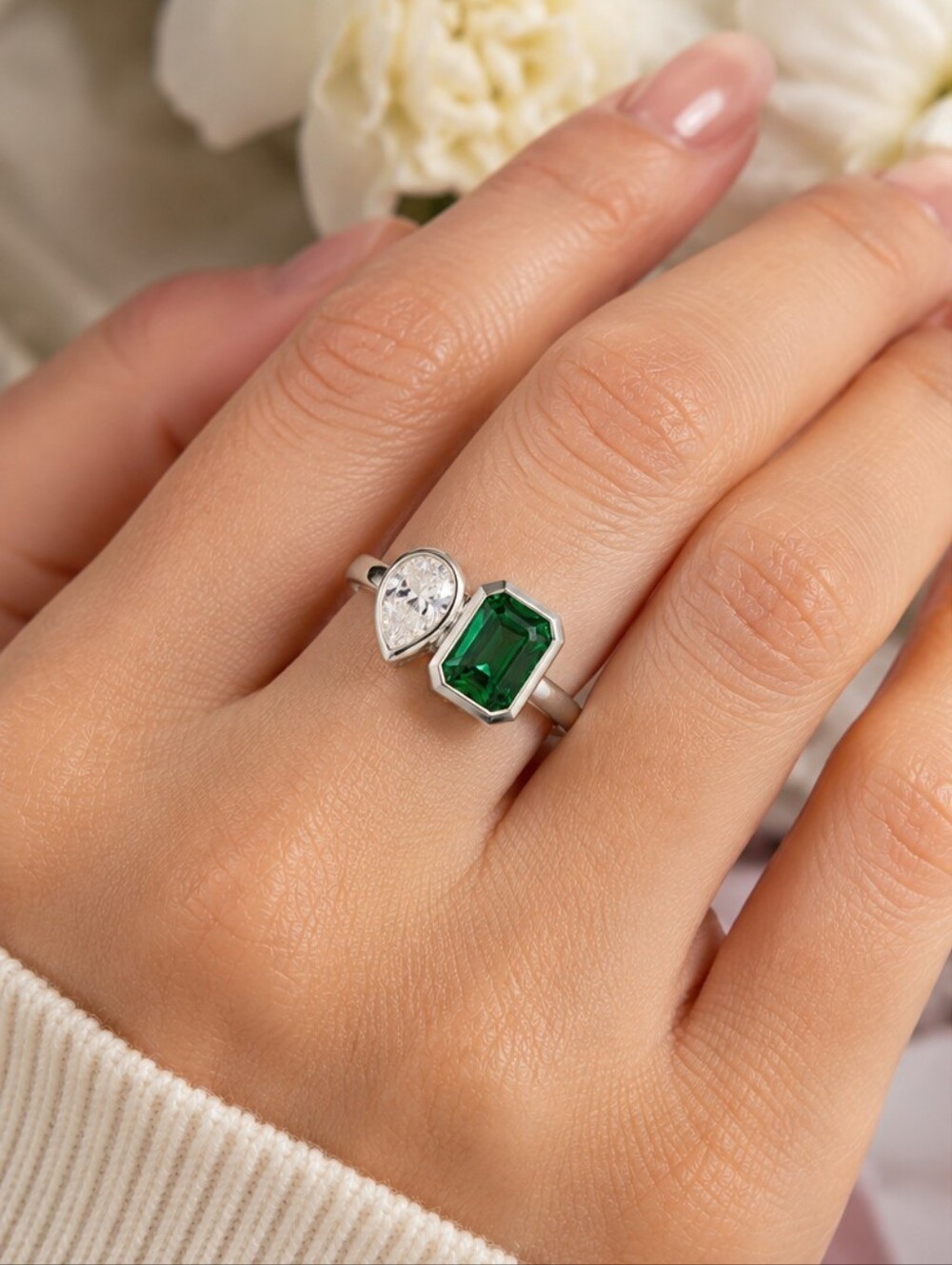 Sterling Silver Toi Et Moi Ring Emerald Green & Pear CZ S925 Size 7 NWOT